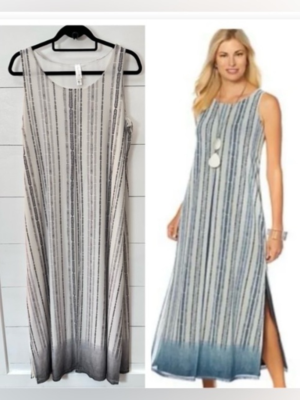 MarlaWynne Layers L printed vertical stripe mesh grey-white overlay maxi dress